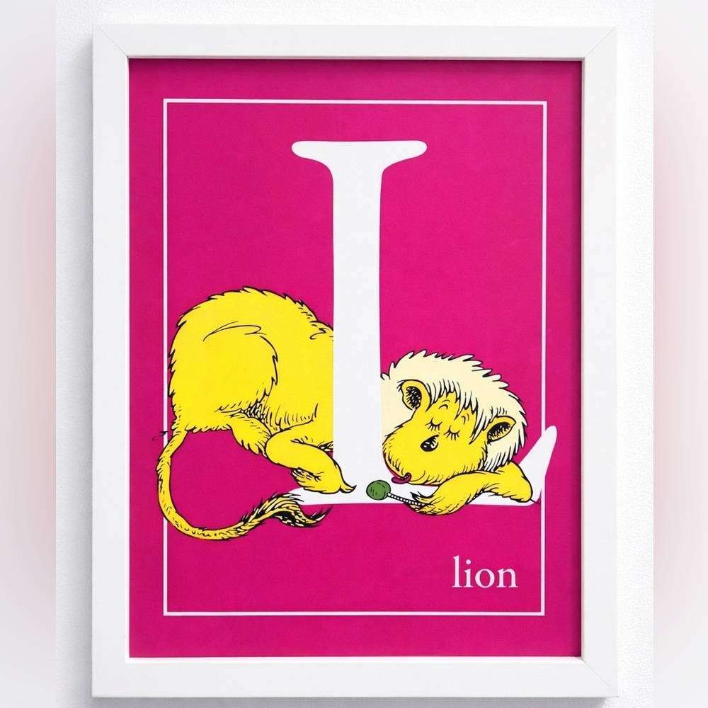 Dr Seuss L Is For Lion Framed Alphabet Art Print Pink Nursery Wall Decor